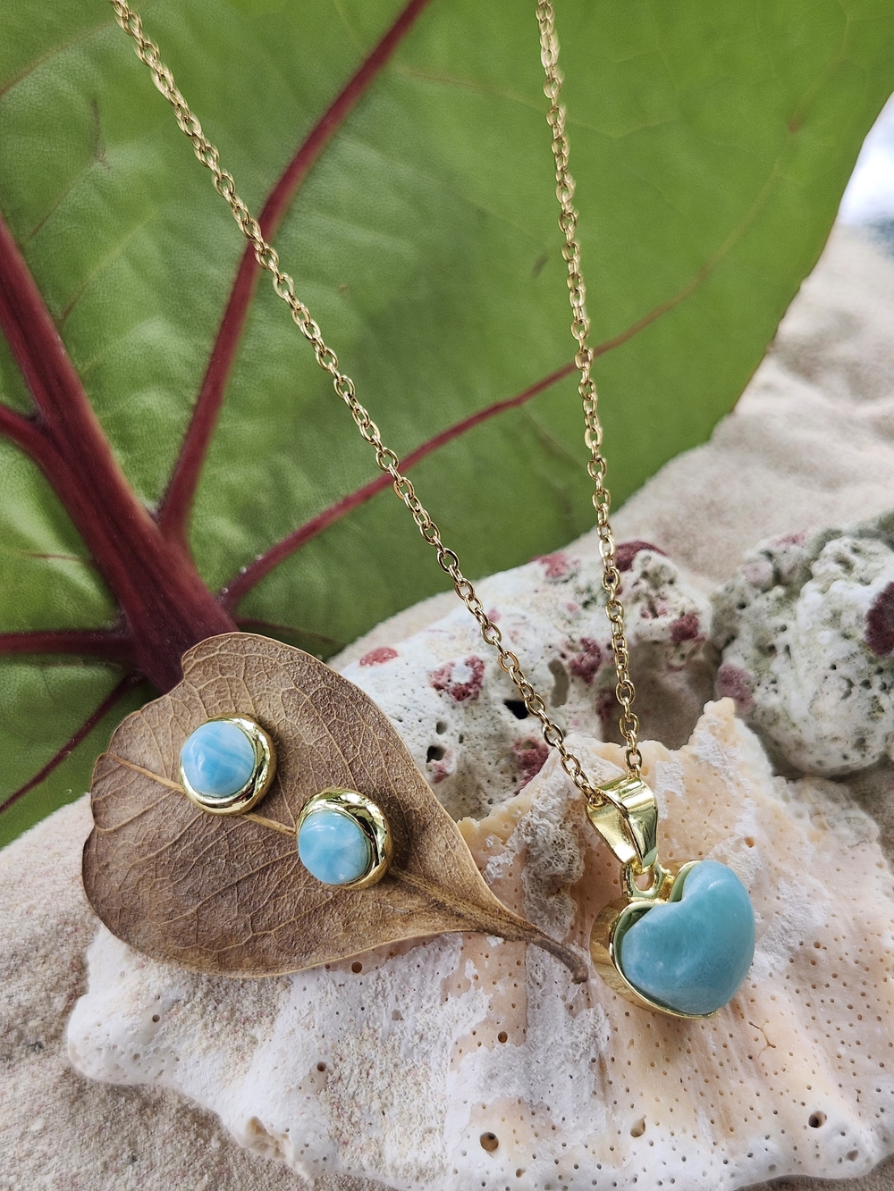 Gold Larimar Heart Pendant Necklace and Stud Earrings Set - Blue